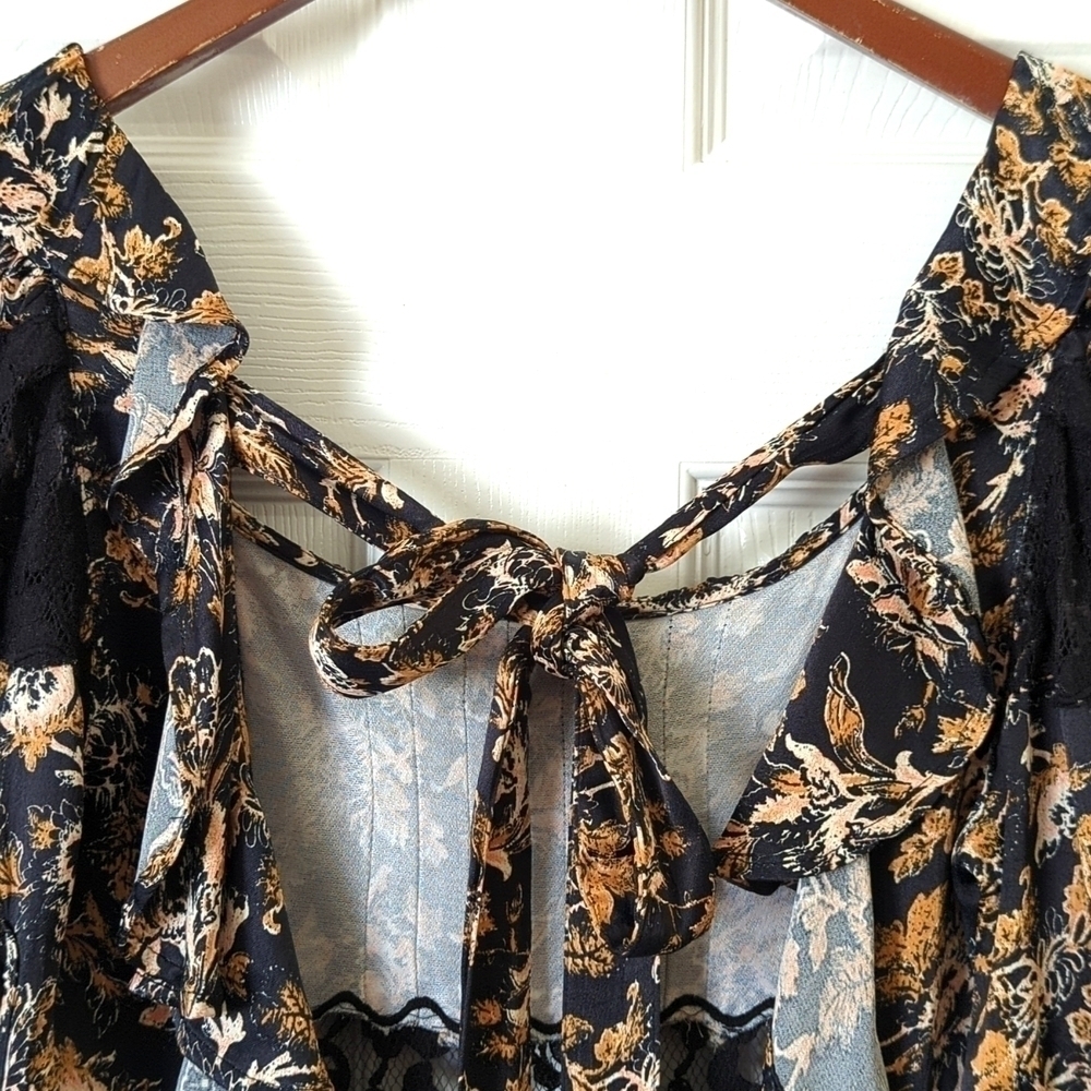 Free People Lucie Floral Scoop Neck Tied Open Back A-Line Mini Dress Black 6 - Picture 13 of 16
